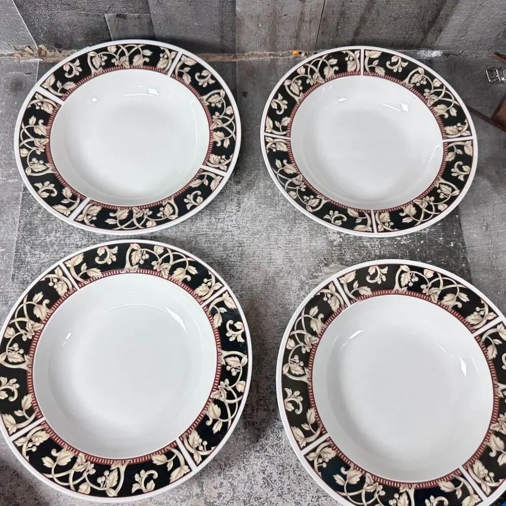 90's Sango SAVOY 8802 Royal Majestic Black Tan Stoneware‎ Rim Soup Bowls Set 4